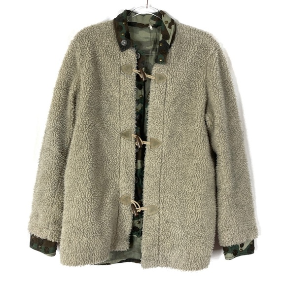 Free People | Tan Sherpa Camouflage Snap Toggle Coat S - Picture 1 of 9